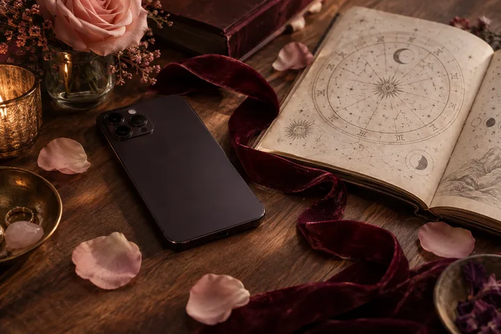 A smartphone, an open book with a circular celestial drawing, burgundy ribbon, pink rose petals, a candle, and flowers arranged on a wooden table.