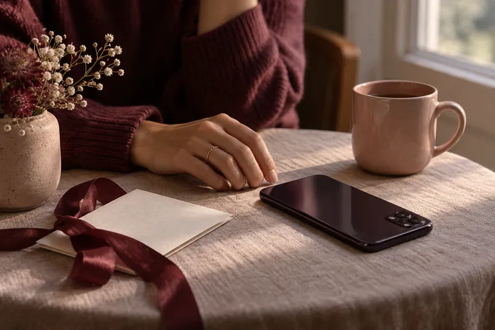 A hand beside a smartphone, a blank envelope tied with burgundy ribbon, a mug, and a vase of flowers on a table.
