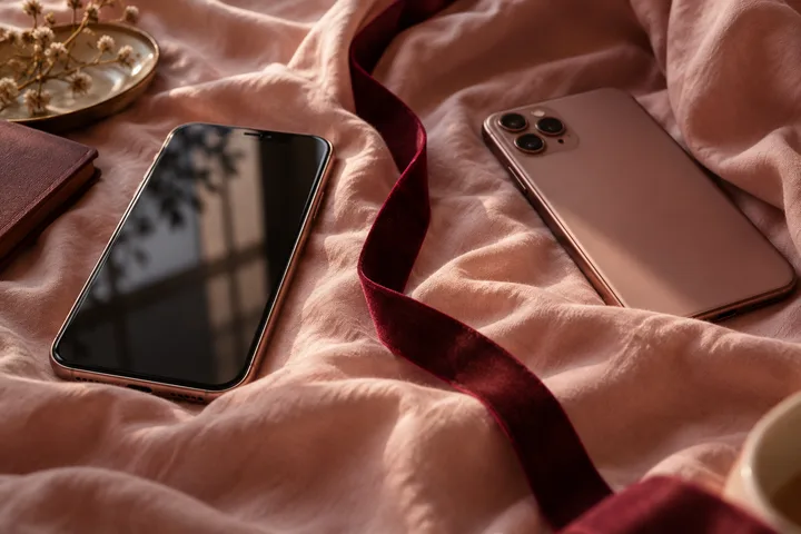 Two smartphones lie on rumpled pink bedding with a burgundy ribbon between them.