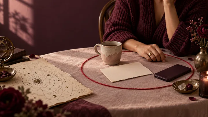 Burgundy and blush editorial still life with a red thread boundary around a phone, blank card, coffee cup, and abstract illustrative celestial chart beside a woman's hand.