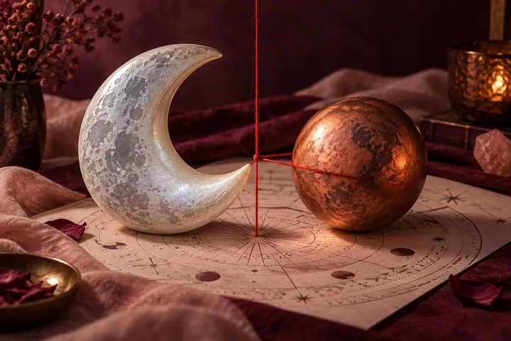 Illustrative Moon–Mars synastry still life with a luminous ceramic crescent and copper sphere separated by a red thread boundary over an abstract celestial wheel.