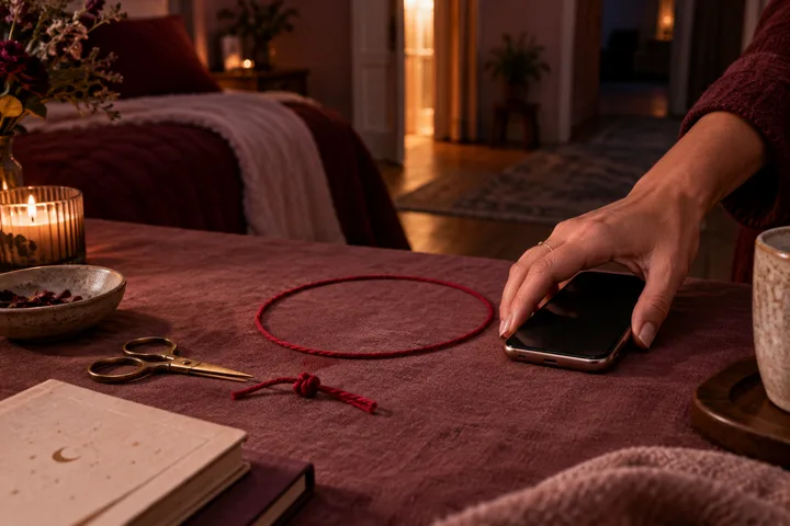 Close editorial still life of a woman's hand moving a phone outside a red boundary circle, with knotted thread, scissors, candlelight, and an open doorway suggesting repair or distance.