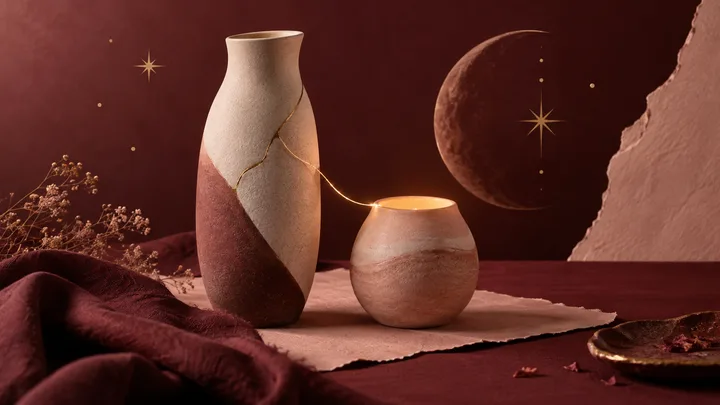 Two textured ceramic vessels, one tall and independent and one softly glowing, connected by a fine thread of light on a burgundy and blush editorial still life.