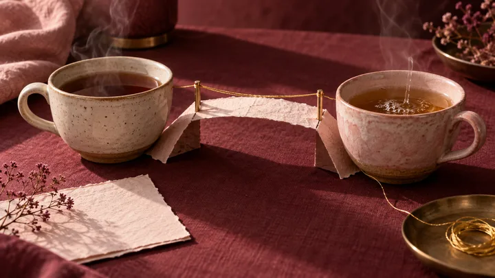 Two steaming ceramic cups connected by a small handmade paper bridge and gold thread on a burgundy tabletop.