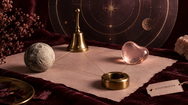 An illustrative, non-personal celestial arrangement with a moon stone, brass bell, blush glass form, and brass ring connected by fine gold lines, labeled illustrative.