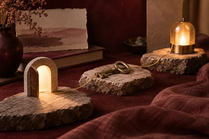 Three rough stone stepping stones progress from a lit doorway to a brass key and a steady glowing lamp, joined by a gold thread.