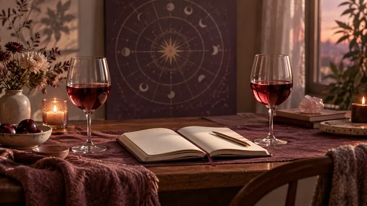 Two glasses of red wine flank an open notebook and pen on a table, with a circular star chart behind them.