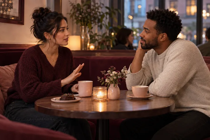 A woman gestures as she talks with a man across a café table with cups, a candle, and a small vase.