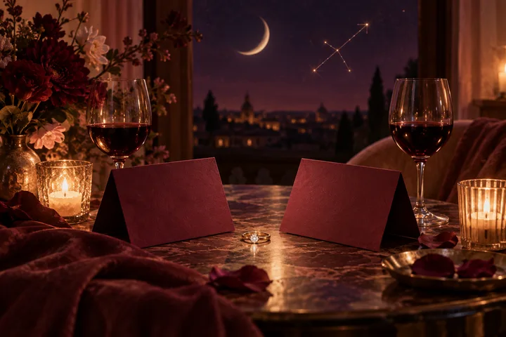 A candlelit table with two blank burgundy cards, wine glasses, and a ring, with flowers and a crescent moon and star pattern in the window behind.
