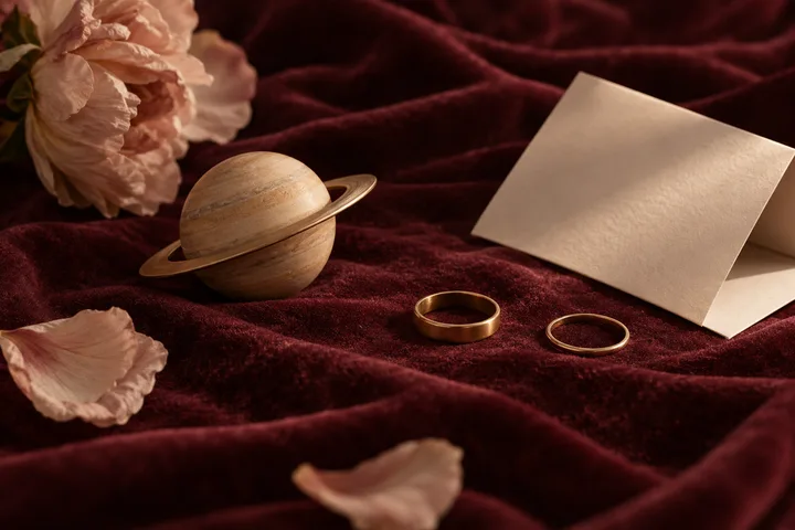 A ringed planet and two gold bands sit on burgundy velvet beside pale flowers and a blank card.