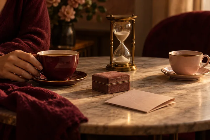 A hand holds a burgundy cup beside a second cup, an hourglass, a small box, and a blank card on a table.