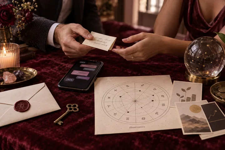 Burgundy and blush still life showing a man's hand passing a handwritten note to a woman's hands, beside a phone, key, coins, and an illustrative astrology chart