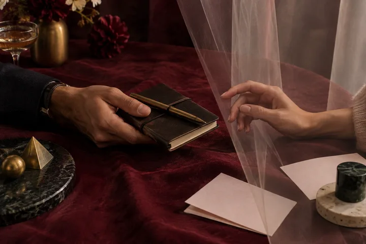 Two hands reach toward a black notebook and pen across a sheer divider on a burgundy table