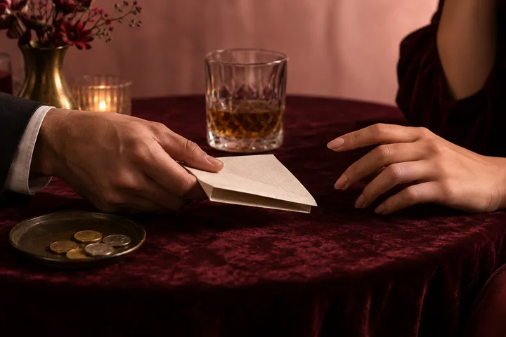 A man's hand offers a cream envelope toward a woman's hands across a burgundy table, with coins and a glass of amber drink nearby