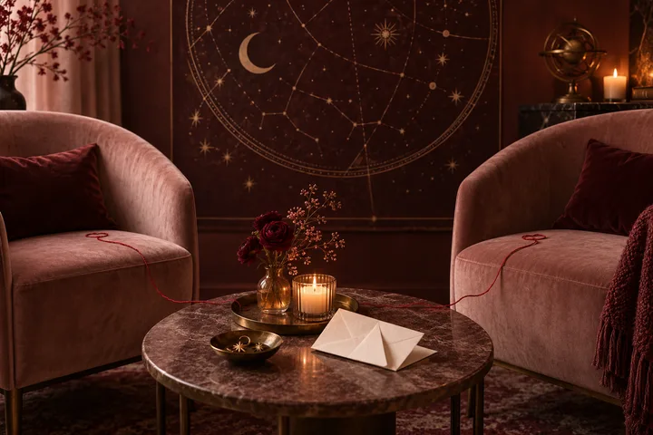 Two pink armchairs face a round table holding a candle, flowers, a small dish, and a white envelope; a red thread crosses the chairs, with a star chart on the wall behind them.