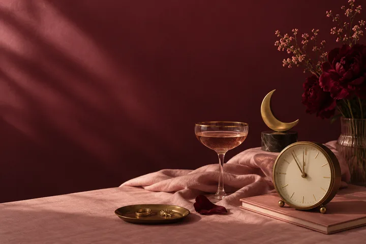 A champagne coupe, gold clock, crescent moon ornament, burgundy flowers, and small dish sit on a blush cloth-covered table.