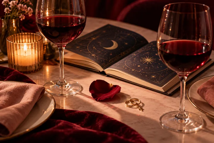 A candlelit table holds two glasses of red wine, an open book with celestial illustrations, a rose petal, and two gold rings.