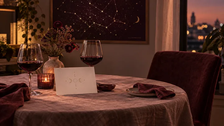 Two wine glasses and a shared blank agreement card on an intimate burgundy table beneath an illustrative celestial wall hanging.