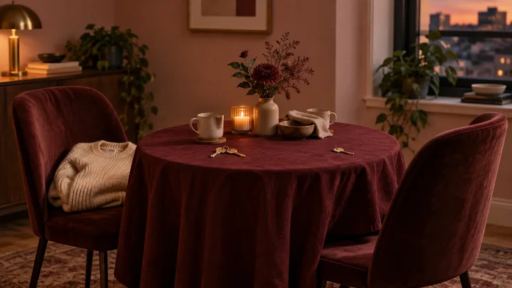 Two burgundy chairs and a candlelit table with paired keys together and one key set apart, suggesting unequal participation.