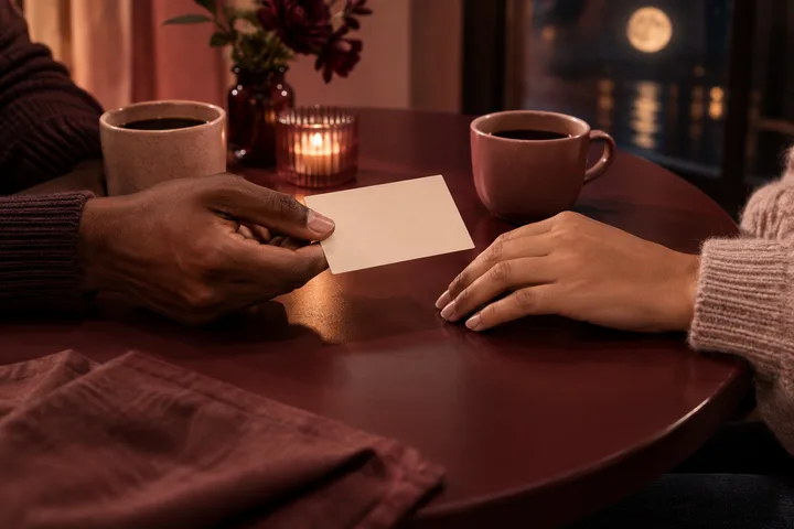 Two people’s hands across a burgundy table as one offers a blank card during a calm conversation, with two cups nearby.