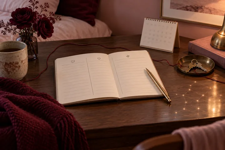 An open three-column notebook, pen, blurred calendar, keys, and a burgundy thread on a desk, representing tracking words and actions over time.