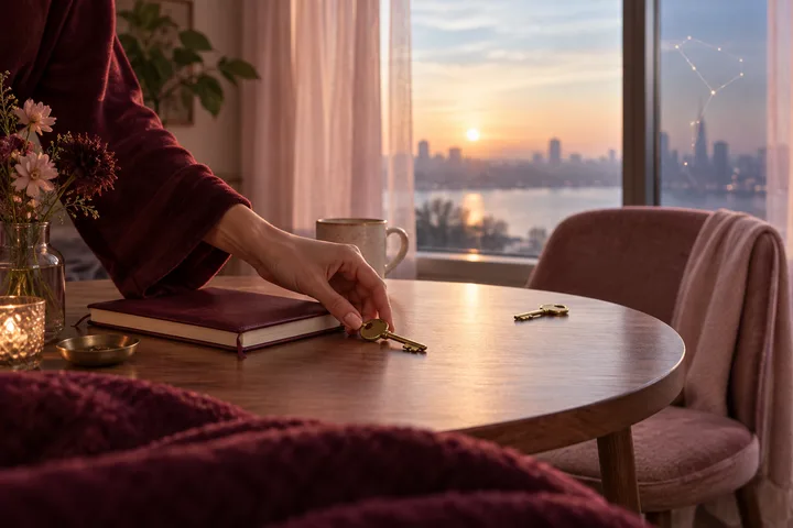 A woman’s hand closes a burgundy notebook and picks up her brass key while another key remains by an empty chair in dawn light.