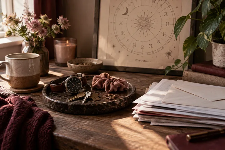 A warm tabletop still life shows coffee, flowers, keys, papers, and an illustrative zodiac wheel in burgundy and blush tones.
