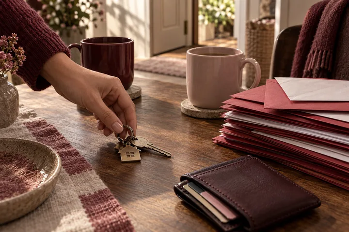 A hand holds house keys over a wooden table beside two mugs, a stack of red and white envelopes, a wallet, a bowl, and a vase of flowers.