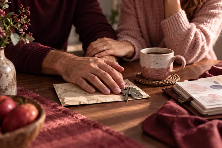 A couple sits at a table with house keys and an envelope between them, alongside two mugs, a bowl of apples, flowers, and an open photo album.