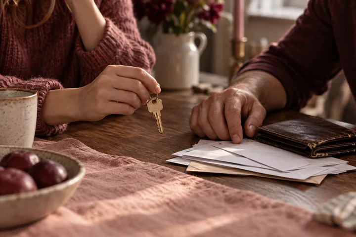 A woman holds a house key across a table while a man's hand rests beside papers and a leather wallet, with mugs, flowers, and an open photo album nearby.