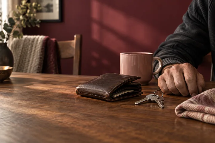 A man's hand rests beside house keys and a closed leather wallet on a wooden table with a mug and folded fabric.