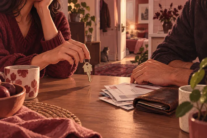 A woman holds a house key across a table while a man rests his hand beside papers and a leather wallet in a warmly lit home.