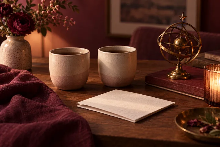 Two ceramic mugs and blank cards sit on a wooden table beside a brass armillary sphere, flowers, and burgundy fabric.