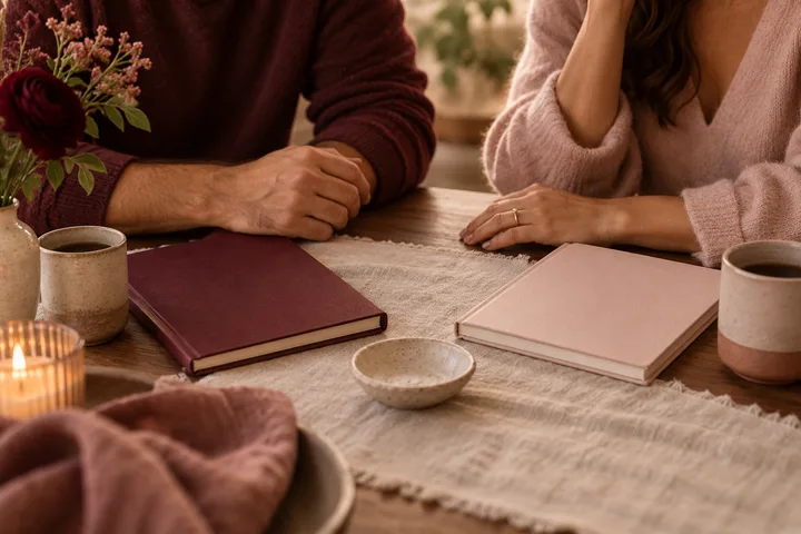 Two people sit across a table with their hands near an open cloth, two closed books, ceramic mugs, and a small bowl.