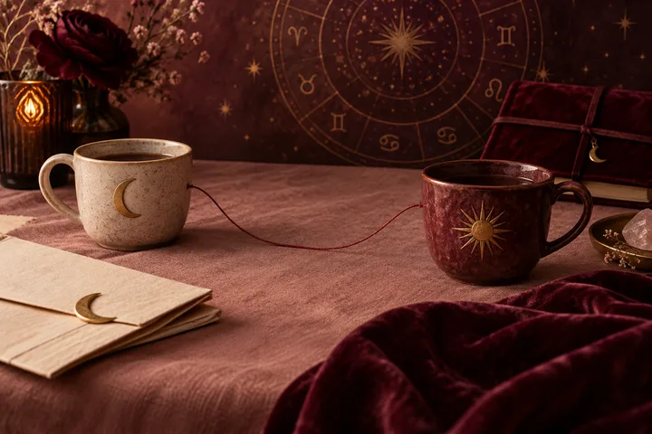 Two mugs, one marked with a crescent moon and one with a sun, sit on a pink cloth beneath a zodiac wheel; a thin red cord connects them.