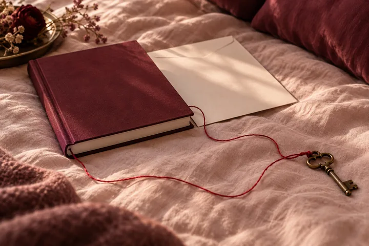 A closed burgundy book and blank envelope rest on rumpled cream fabric, with a red cord leading to a brass key.