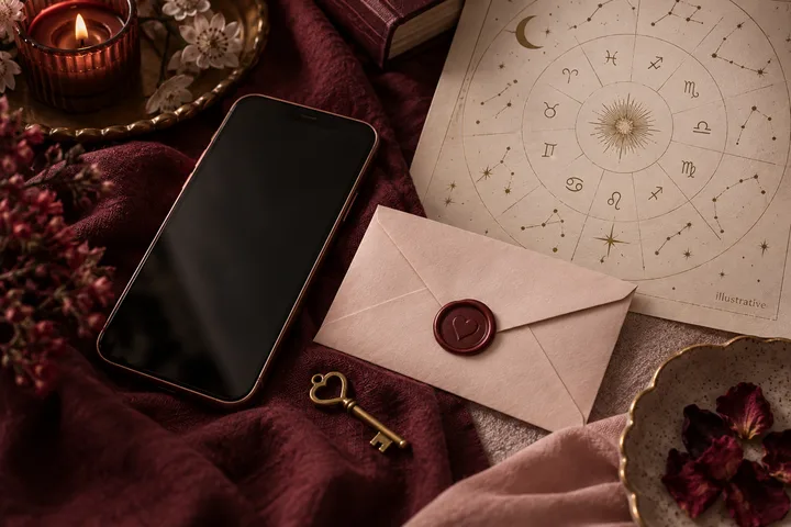 A blank smartphone, sealed heart-stamped envelope, small brass key, and illustrative zodiac chart arranged on burgundy cloth.