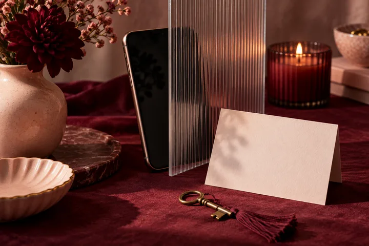 A lit phone sits behind a translucent divider beside a folded blank card and key, suggesting a protected boundary.