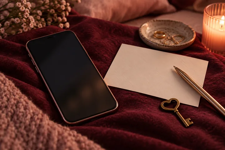 A dark smartphone, blank note, gold pen, key, and ring rest on a blush-and-burgundy bedspread.