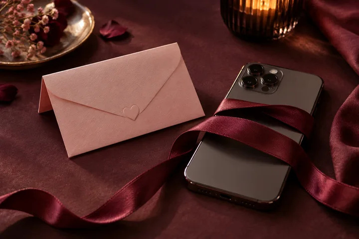 A burgundy ribbon loops around a phone beside a sealed pink envelope and candlelit flowers.
