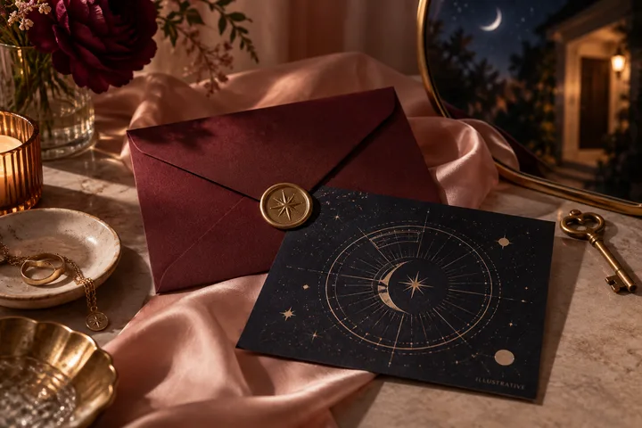A burgundy envelope with a compass-shaped seal rests beside an illustrative star chart on blush fabric. Flowers, a candle, jewelry, and a key are arranged nearby, with a crescent moon reflected in a mirror.