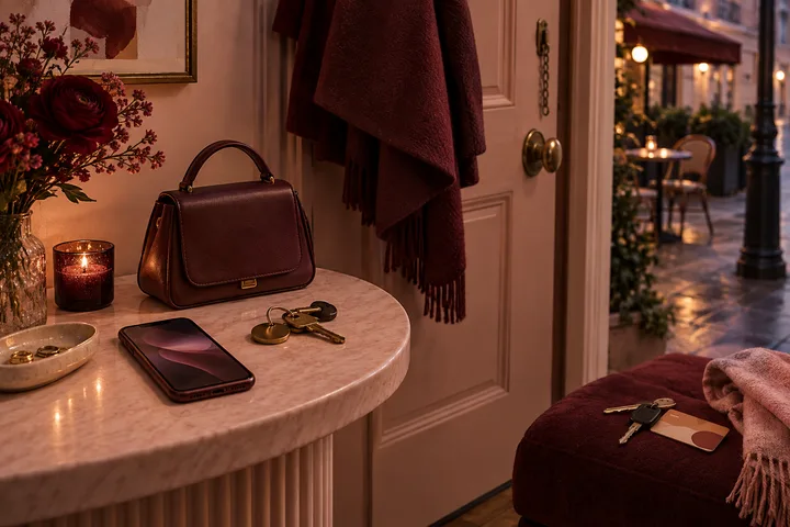 An entryway table holds a burgundy handbag, a phone, keys, a candle, and a small dish. A coat hangs beside an open door leading to a street with outdoor tables.