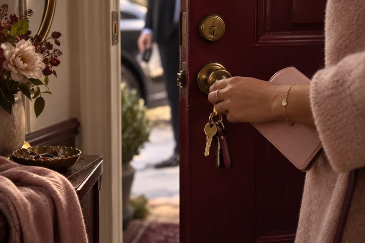 A person in a burgundy coat holds keys and a pale clutch while opening a dark red front door. A blurred figure stands outside, and flowers and a dish are visible inside.