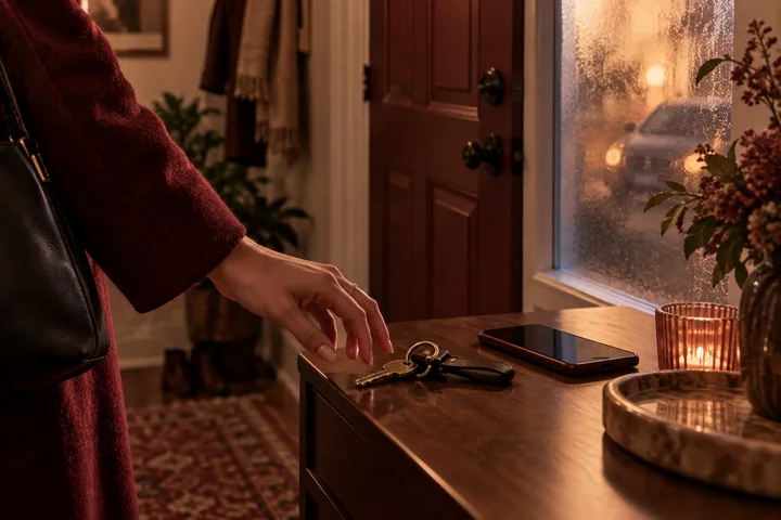 A person in a burgundy coat reaches toward keys on a wooden console beside a phone and a candle. A closed front door and a rain-speckled window with a car outside are visible.