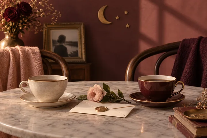 Two teacups sit across from each other on a marble table, with a pink rose and sealed envelope between them; a framed photograph, flowers, crescent moon and stars decorate the burgundy room.