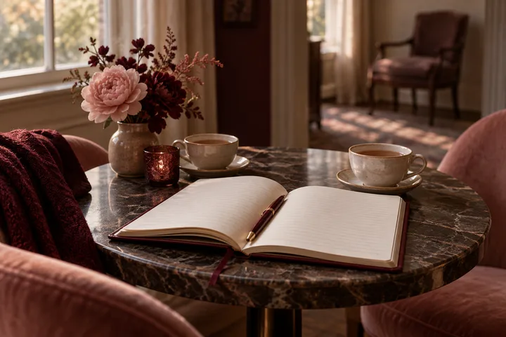 An open blank notebook and pen rest on a round table beside two cups of tea and a vase of flowers, with armchairs in the background.
