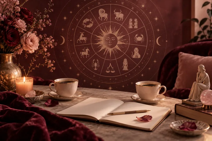 A zodiac wheel hangs above a candlelit table with two cups, flowers, and an open notebook.