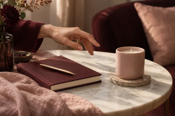 A hand reaches toward a candle beside a burgundy book and a pen on a round table.