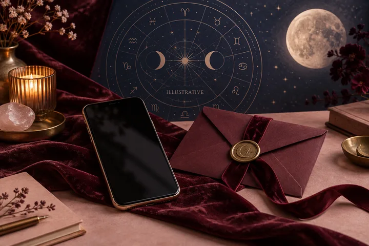Burgundy editorial still life with a dark smartphone, sealed envelope, moon, and an illustrative astrology wheel, evoking privacy, attraction, and a thoughtful boundary before meeting.