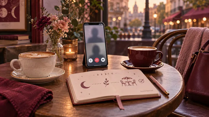 Warm café table with two separate coffee cups, an unreadable live video call on a phone, and an illustrative notebook path toward a public meeting.